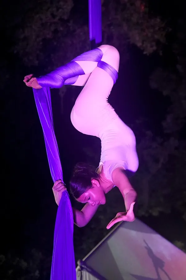 A performer wraps around a red silk beneath purple stage lighting.