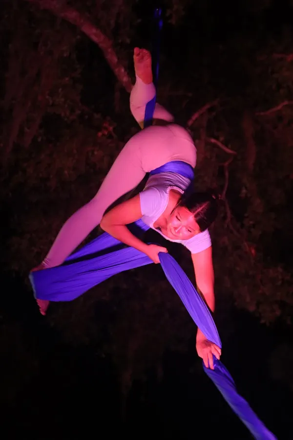 An aerialist curls around blue silks high above the dark lawn.